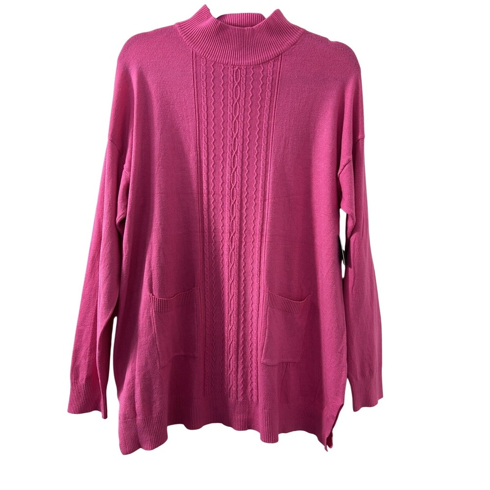 Select + Trend Womens Fuchsia Pink Cable Knit Mock Neck Sweater Pockets GX1A03 L